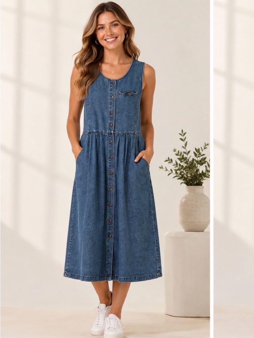 Vintage Eddie Bauer 100% Cotton Denim Sleeveless Midi Jumper Dress M 1990s